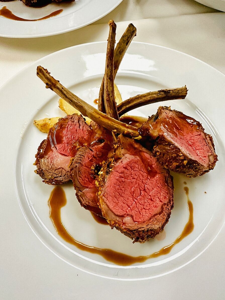 Pistachio-crusted rack of lamb with herb jus