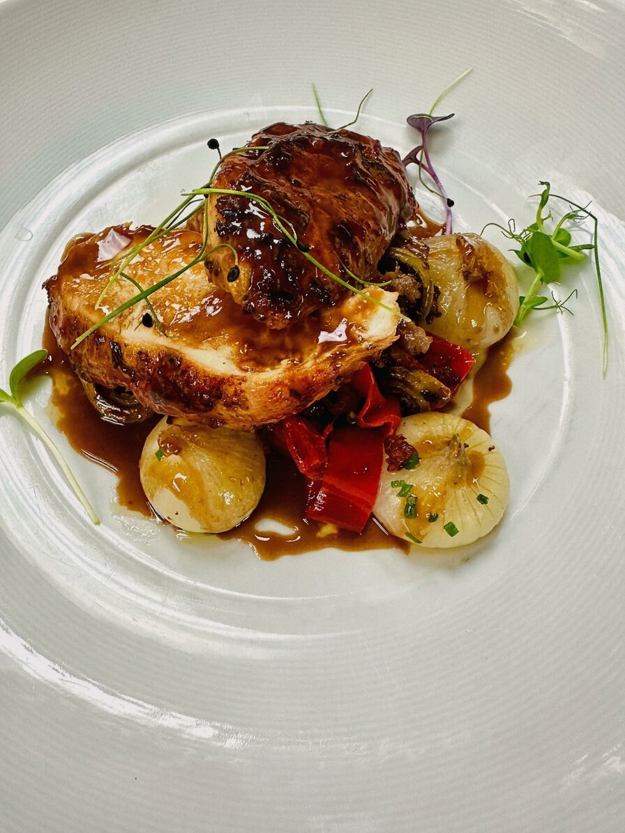 Roast chicken with cipollini onions and roasted peppers