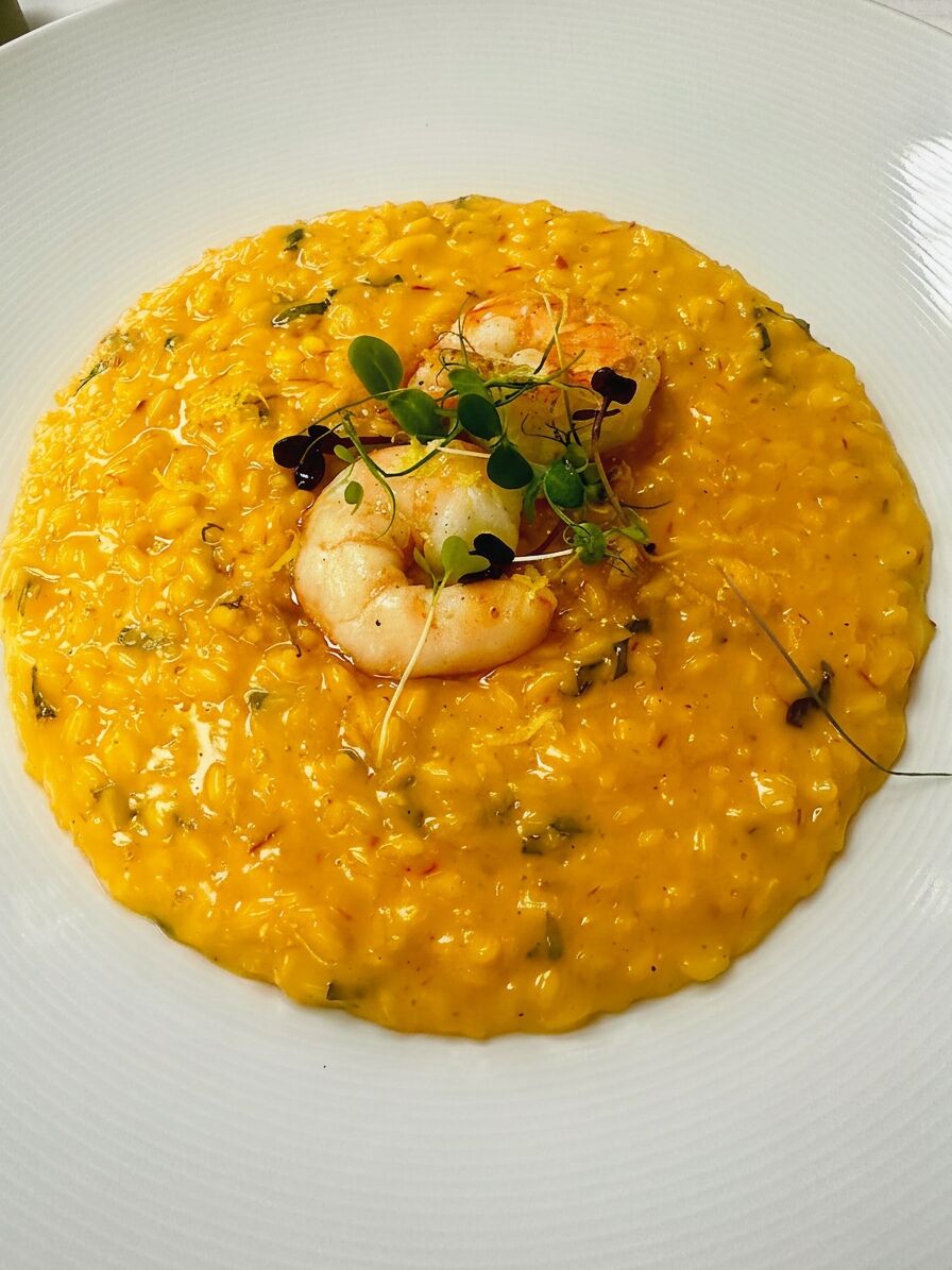 Saffron risotto with seared shrimp