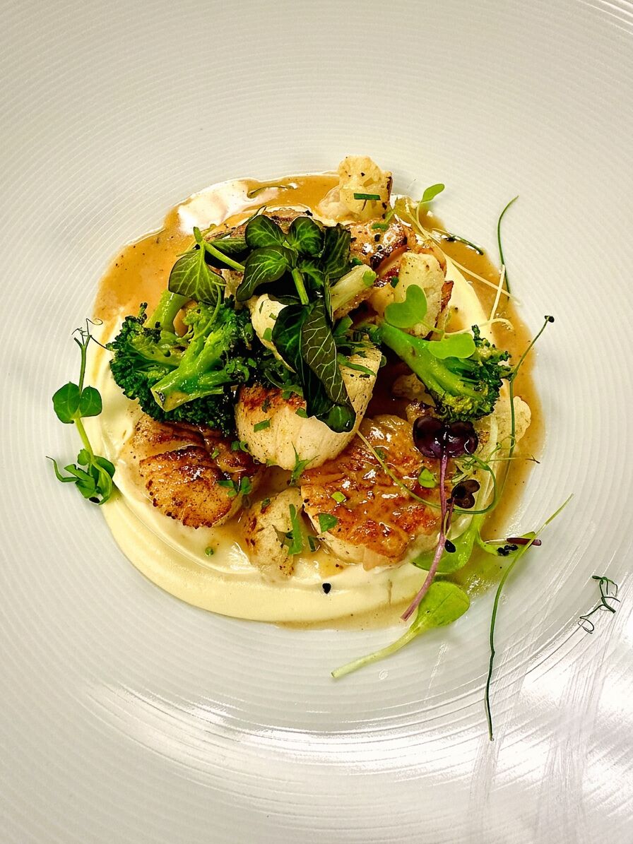 Seared scallops over cauliflower purée