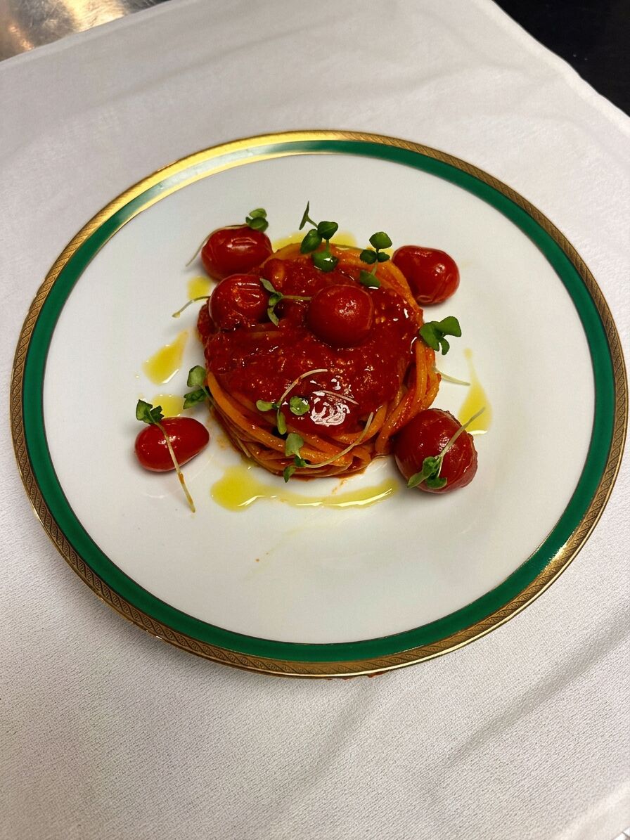 Spaghetti al pomodoro with fresh basil and Parmigiano