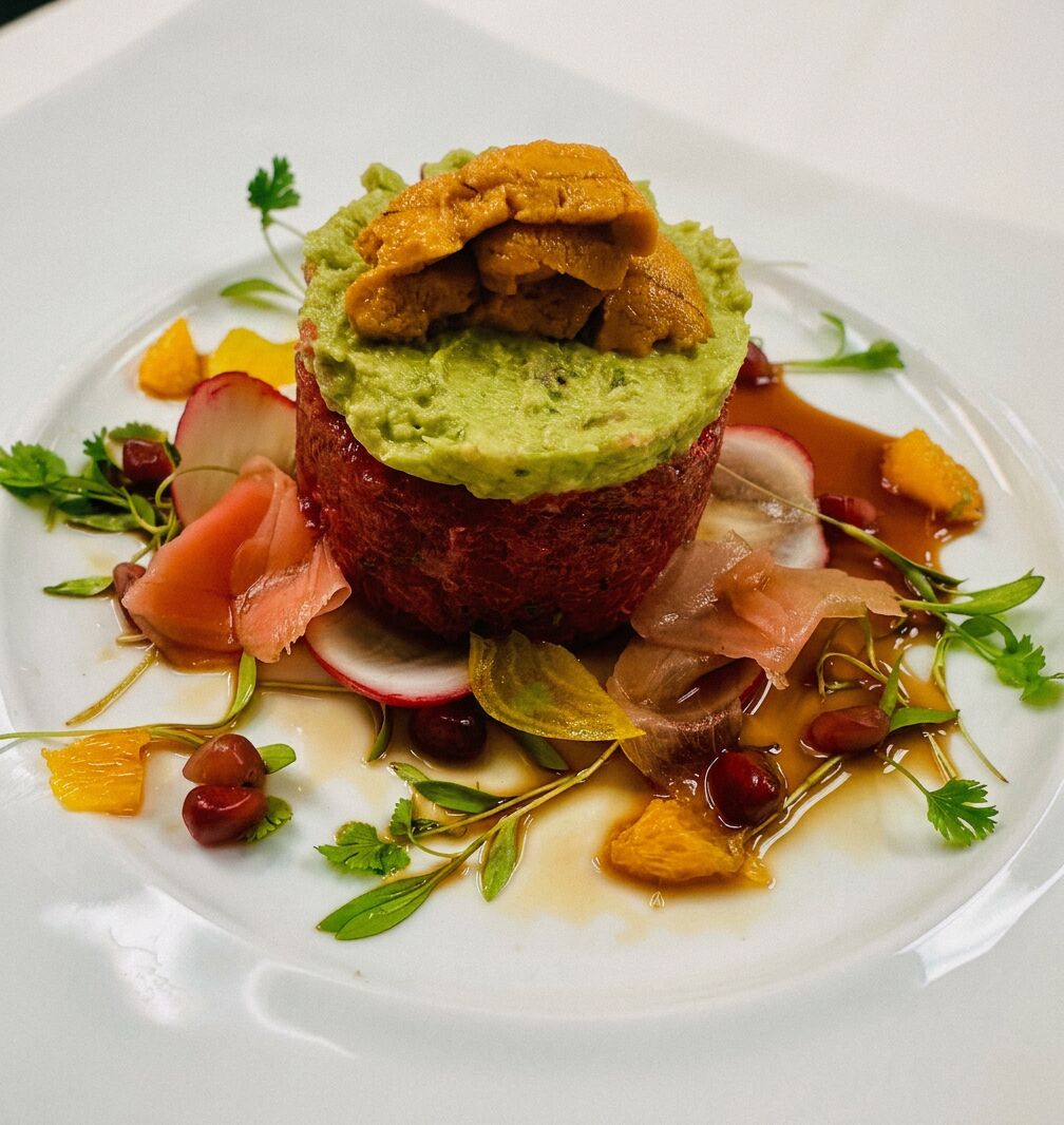 Tuna tartare topped with sea urchin and avocado